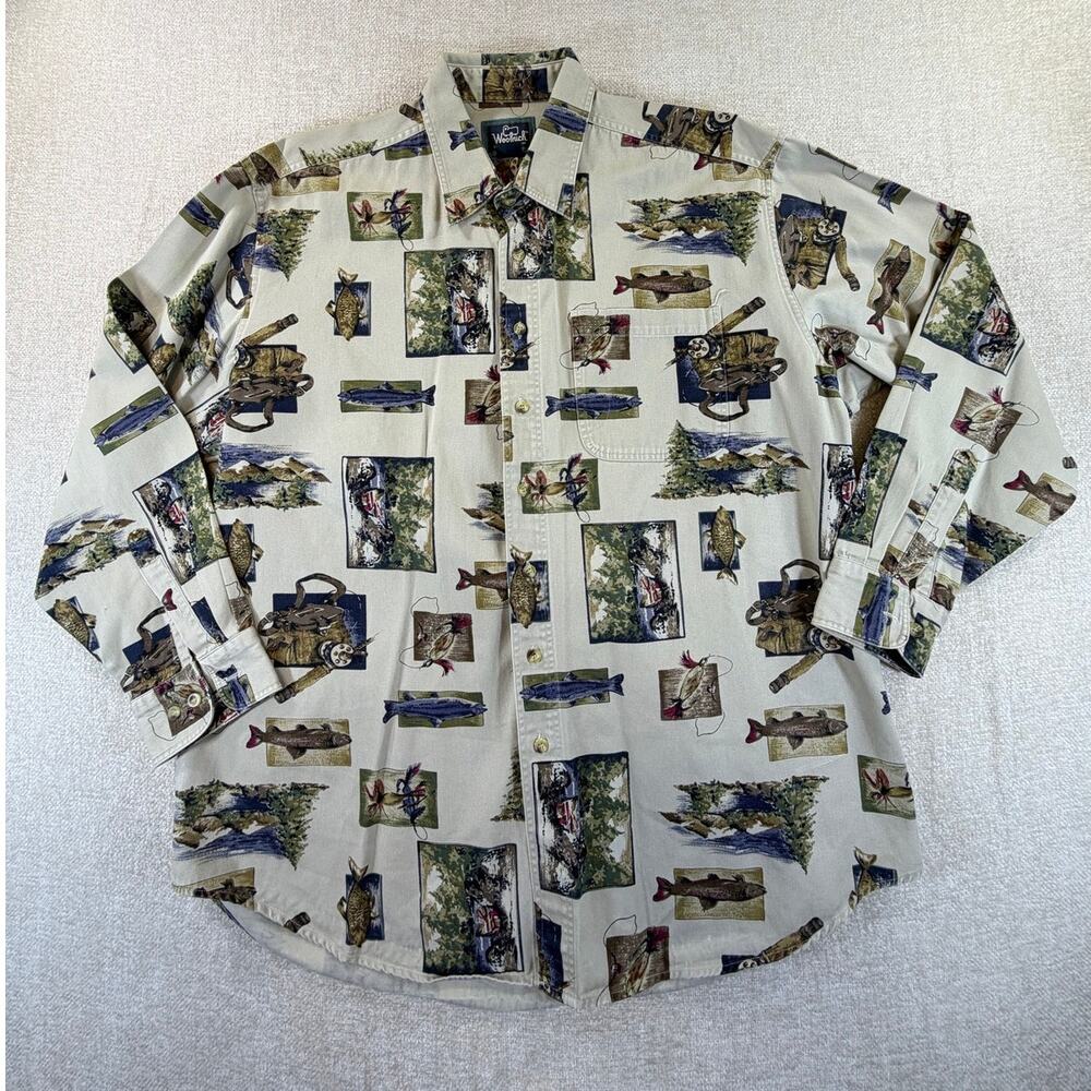 Woolrich Men's XL Cream Fish Print Long Sleeve Button Front Casual Outdoor Shirt